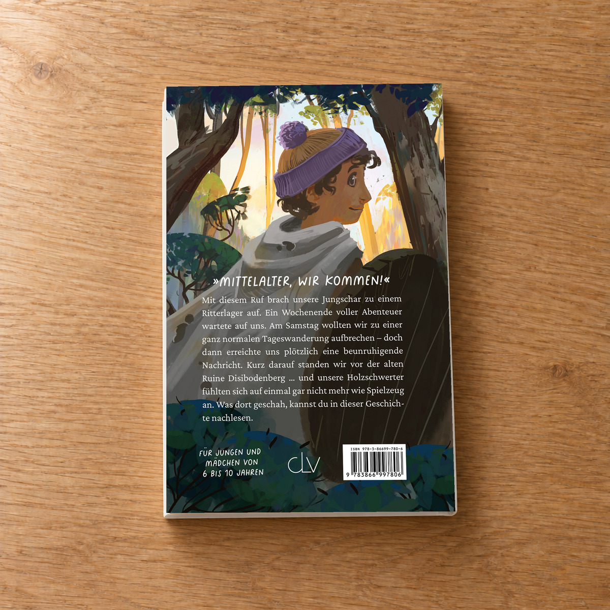 Stürmt die Burg! von Andreas Fett – originale Buchrückseite mit Beschreibung und ISBN auf dem Holztisch